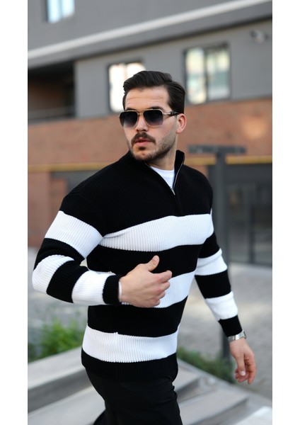 Erkek Şerit Renk Desenli Zip Yaka Kazak fiyatları