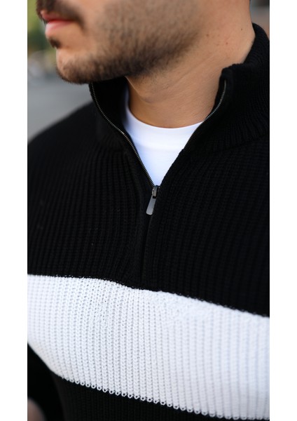 Erkek Şerit Renk Desenli Zip Yaka Kazak indirimleri