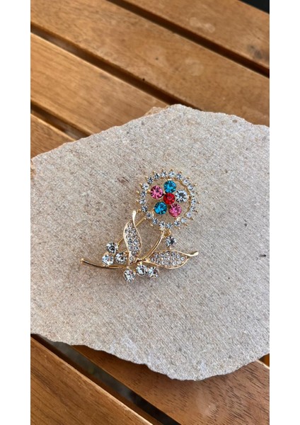 Renkli Taşlı Çiçek Broş