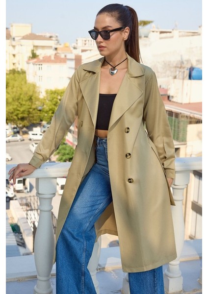 5853 Kruvaze Yaka Trençkot - A.haki