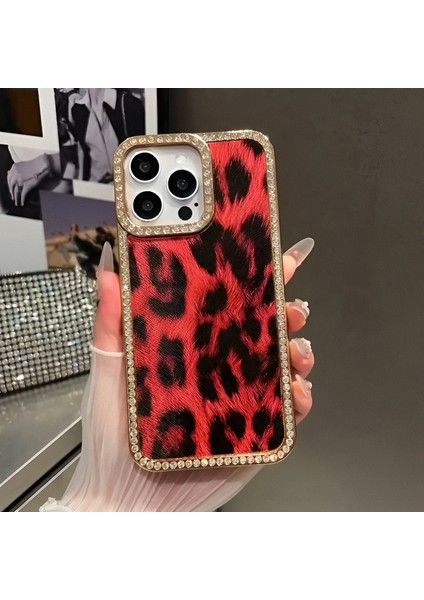 iPhone 14/15 Plus Uyumlu Leopar Baskılı Deri Kenarları Taşlı Kılıf