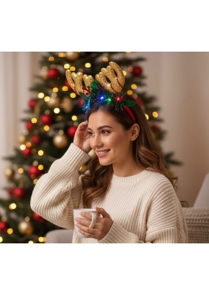 Işıklı Gold Pul Detaylı Geyik Boynuzu Figürlü Yılbaşı Konsept Taç ( 3 Işık Modu )
