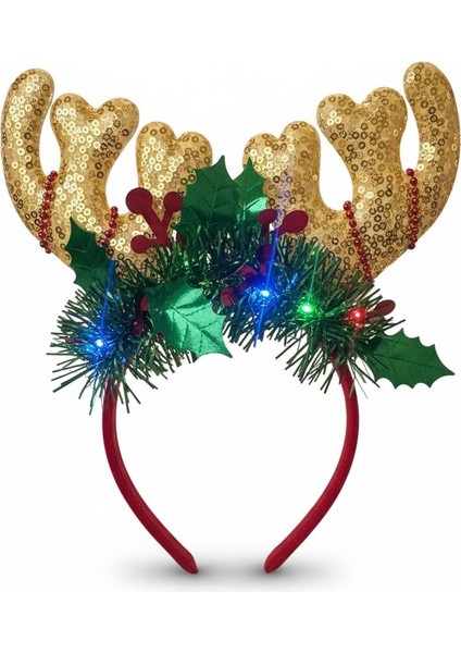 Işıklı Gold Pul Detaylı Geyik Boynuzu Figürlü Yılbaşı Konsept Taç ( 3 Işık Modu ) fiyatları