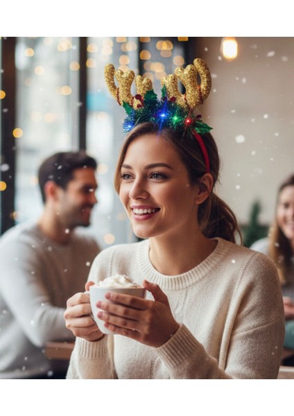 Işıklı Gold Pul Detaylı Geyik Boynuzu Figürlü Yılbaşı Konsept Taç ( 3 Işık Modu ) modelleri