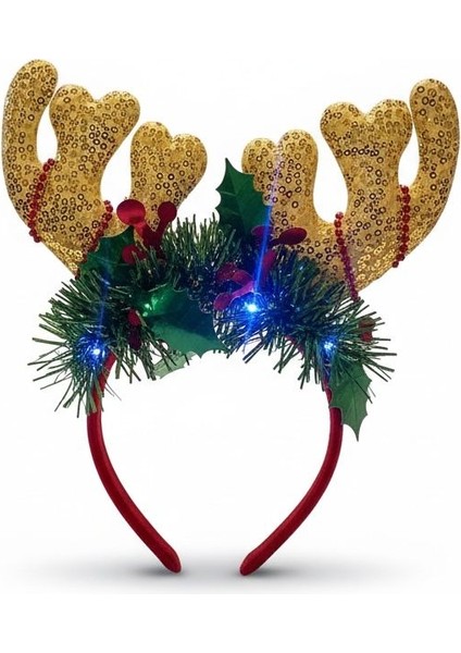 Işıklı Gold Pul Detaylı Geyik Boynuzu Figürlü Yılbaşı Konsept Taç ( 3 Işık Modu ) fırsatları