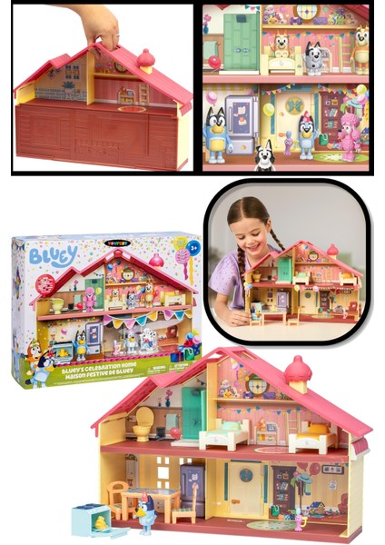 Blueyplus Büyük Parti Evi Seti Eklemli Bluey Figürlü Çok Odalı Taşıma Saplı Oyun Evi 45 cm