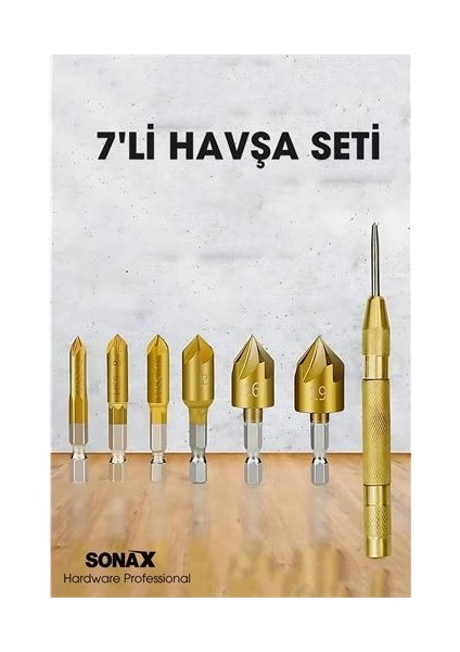 Bfs 7'li Hss Titanyum Kaplı Kılavuz ve Havşa Matkap Ucu Seti + Otomatik Zımba