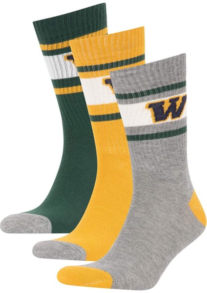 Erkek Slogan Baskılı Rahat Lastikli 3'lü Pamuklu Uzun Çorap Y2597AZNS