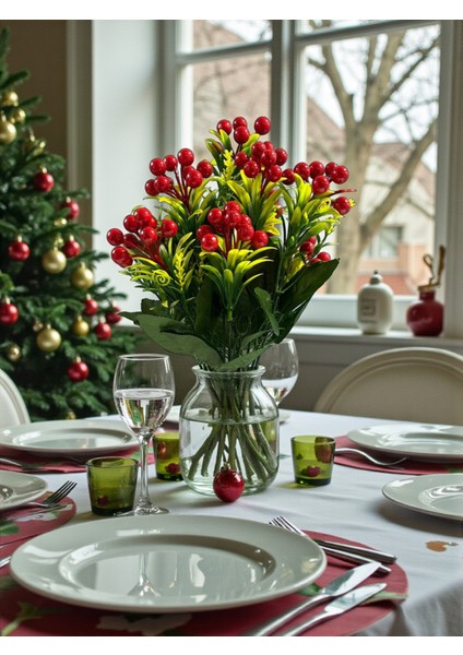 Yapay Kokina Demeti 12 Dallı Yılbaşı Ev Dekorasyon Yapay Çiçek 45 cm Dekoratif Çiçek Kırmızı fırsatları