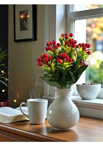 Yapay Kokina Demeti 12 Dallı Yılbaşı Ev Dekorasyon Yapay Çiçek 45 cm Dekoratif Çiçek Kırmızı