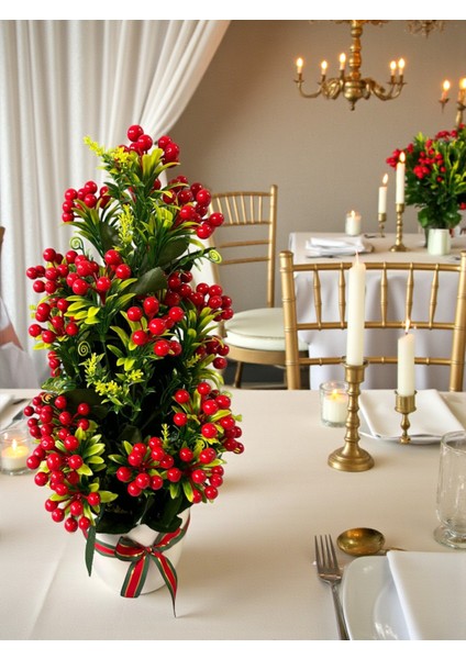 Yapay Kokina Yılbaşı Ev Dekorasyon Plastik Saksıda Yapay Çiçek 55 cm Dekoratif Çiçek