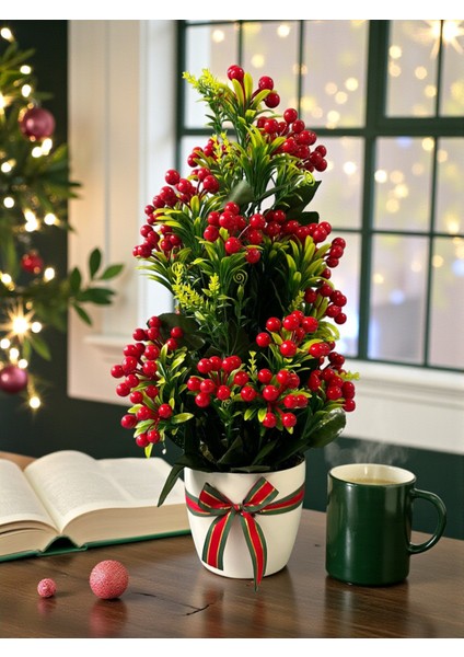 Yapay Kokina Yılbaşı Ev Dekorasyon Plastik Saksıda Yapay Çiçek 55 cm Dekoratif Çiçek