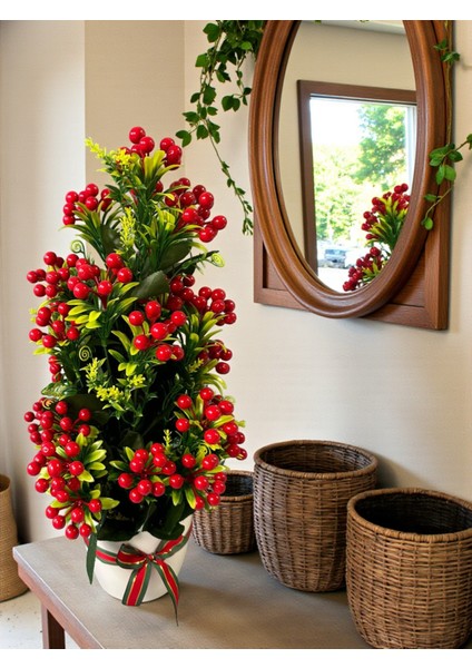 Yapay Kokina Yılbaşı Ev Dekorasyon Plastik Saksıda Yapay Çiçek 55 cm Dekoratif Çiçek