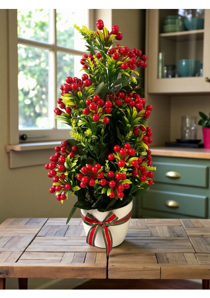 Yapay Kokina Yılbaşı Ev Dekorasyon Plastik Saksıda Yapay Çiçek 55 cm Dekoratif Çiçek