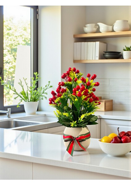 Yapay Kokina Yılbaşı Ev Dekorasyon Plastik Saksıda Yapay Çiçek 35 cm Masa Süsü