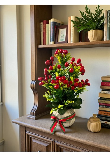 Yapay Kokina Yılbaşı Ev Dekorasyon Plastik Saksıda Yapay Çiçek 35 cm Masa Süsü