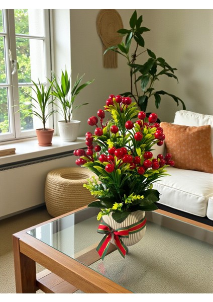 Yapay Kokina Yılbaşı Ev Dekorasyon Plastik Saksıda Yapay Çiçek 35 cm Masa Süsü