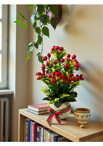 Yapay Kokina Yılbaşı Ev Dekorasyon Plastik Saksıda Yapay Çiçek 35 cm Masa Süsü