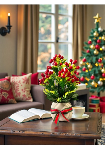 Yapay Kokina Yılbaşı Ev Dekorasyon Plastik Saksıda Yapay Çiçek 35 cm Masa Süsü modelleri