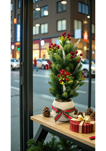 Yapay Çam Ağacı ve Kokinalar Özel Tasarım 55 cm Yılbaşı Ev Dekorasyon Plastik Saksı Yapay Çiçek modelleri