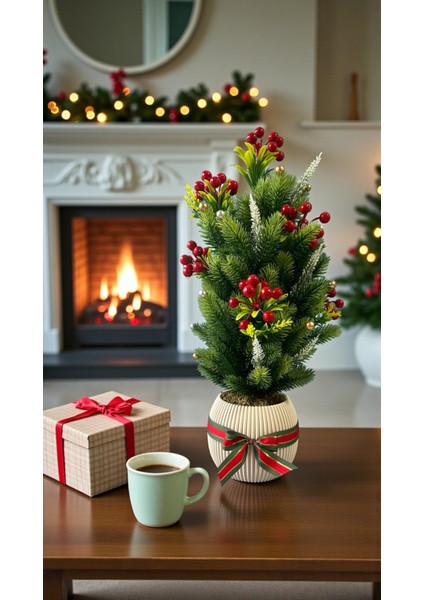 Yapay Çam Ağacı ve Kokinalar Özel Tasarım 55 cm Yılbaşı Ev Dekorasyon Plastik Saksı Yapay Çiçek