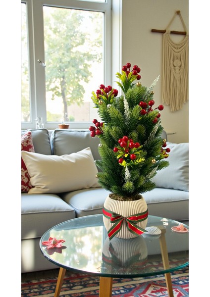 Yapay Çam Ağacı ve Kokinalar Özel Tasarım 55 cm Yılbaşı Ev Dekorasyon Plastik Saksı Yapay Çiçek