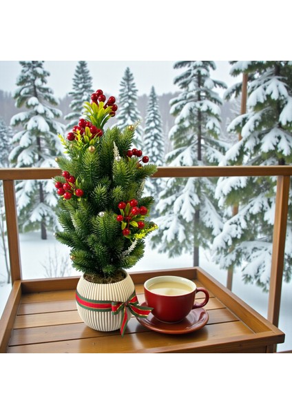 Yapay Çam Ağacı ve Kokinalar Özel Tasarım 55 cm Yılbaşı Ev Dekorasyon Plastik Saksı Yapay Çiçek