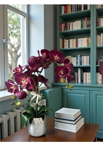 Yapay Orkide Premium Kalite Doğal Görünümlü Gümüş Metal Saksıda Yapay Çiçek 55 cm Dekoratif Hediye fiyatları