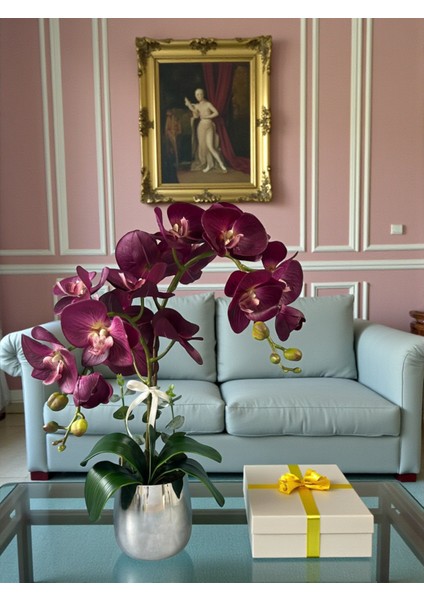 Yapay Orkide Premium Kalite Doğal Görünümlü Gümüş Metal Saksıda Yapay Çiçek 55 cm Dekoratif Hediye modelleri