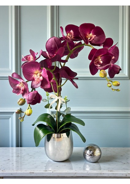 Yapay Orkide Premium Kalite Doğal Görünümlü Gümüş Metal Saksıda Yapay Çiçek 55 cm Dekoratif Hediye