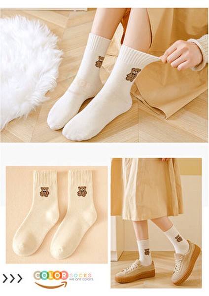 Kadın Kışlık Teddy Desenli Havlu Çorap 5 Çift Ekstra Rahat Pamuk Polyamid