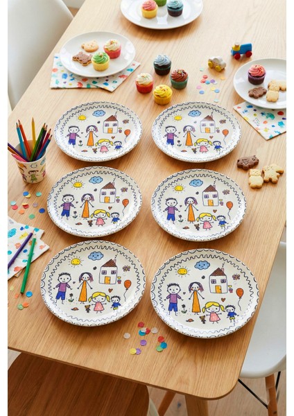 Çocuk Desenli Pasta Tabağı 20 cm – 6’lı Set - Renkli Aile Figürlü Tatlı, Pasta Veya Ikram Tabak modelleri