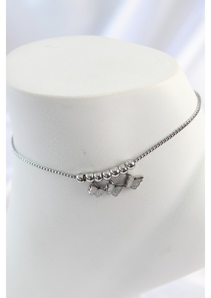 316L Çelik Gümüş Renk Simli Kelebek Model Kadın Halhal - Lisinya