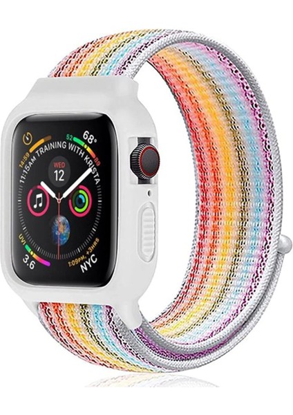 Newface Apple Watch 42MM Hasırlı Cırtcırtlı Kasalı Kordon - Gökkuşağı 2