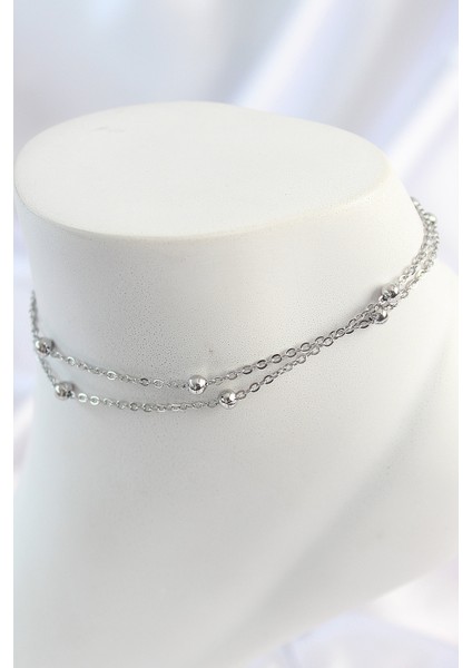 316L Çelik Gümüş Renk 2'li Topçuk Detay Zincir Model Kadın Halhal - Lisinya