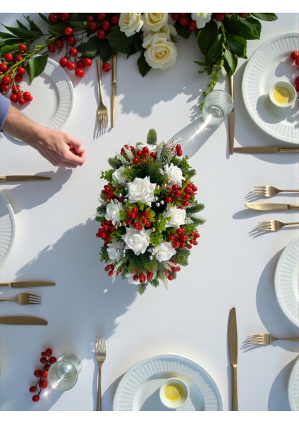 Yapay Çiçek Yılbaşı Yemek Masası Düğün Nişan Özel Gün Dekor Ev Süsleri Masa Süsü Kokina Çam Dalları modelleri