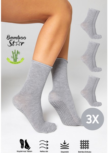 Bambu Kaydırmaz Taban Silikon Baskı Umre Tavaf Umre Hamile Yoga Gri Lastiksiz Çorap 3'lü