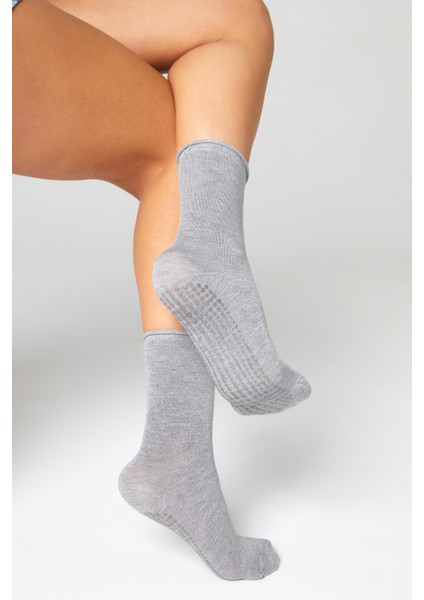 Bambu Kaydırmaz Taban Silikon Baskı Umre Tavaf Umre Hamile Yoga Gri Lastiksiz Çorap 3'lü indirimleri