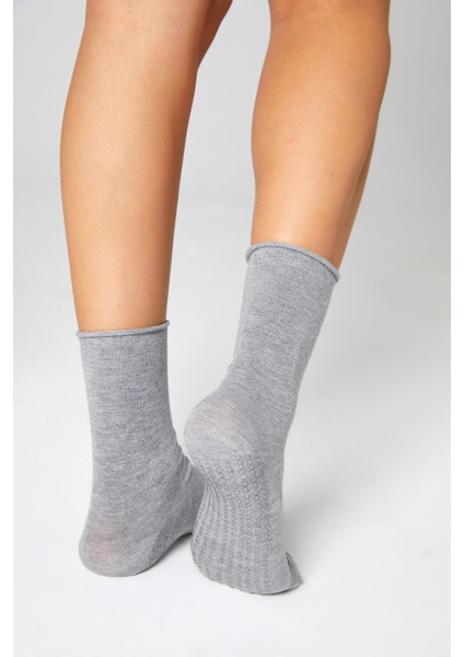 Bambu Kaydırmaz Taban Silikon Baskı Umre Tavaf Umre Hamile Yoga Gri Lastiksiz Çorap 3'lü