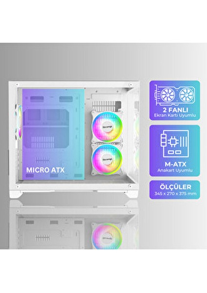 Beyaz 3 Rgb Fanlı Temperli Cam Panel Boş M-Atx Gaming Oyuncu Bilgisayar Kasası 110 mm CPU Soğutucu Desteği