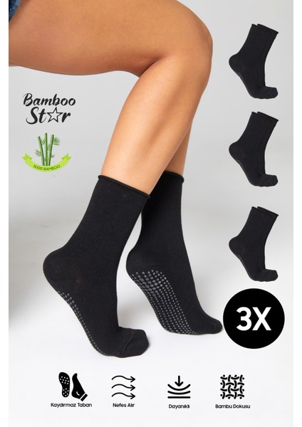 Bambu Kaydırmaz Taban Silikon Baskı Umre Tavaf Umre Hamile Yoga Siyah Lastiksiz Çorap 3'lü