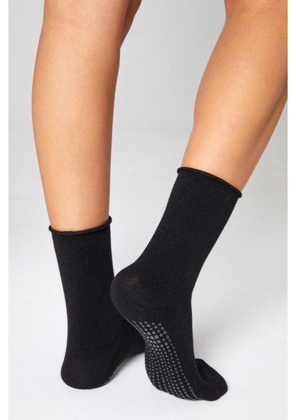 Bambu Kaydırmaz Taban Silikon Baskı Umre Tavaf Umre Hamile Yoga Siyah Lastiksiz Çorap 3'lü fırsatları