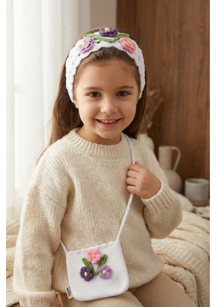 El Örgüsü Kız Çocuk Omuz Çantası ve Saç Bandı Seti - Winter Blossom - Beyaz modelleri