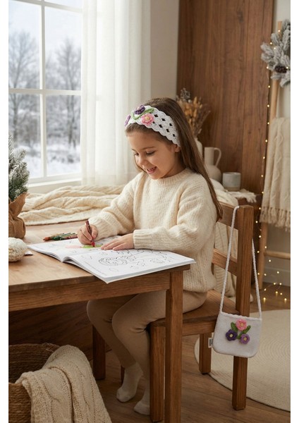 El Örgüsü Kız Çocuk Omuz Çantası ve Saç Bandı Seti - Winter Blossom - Beyaz fırsatları