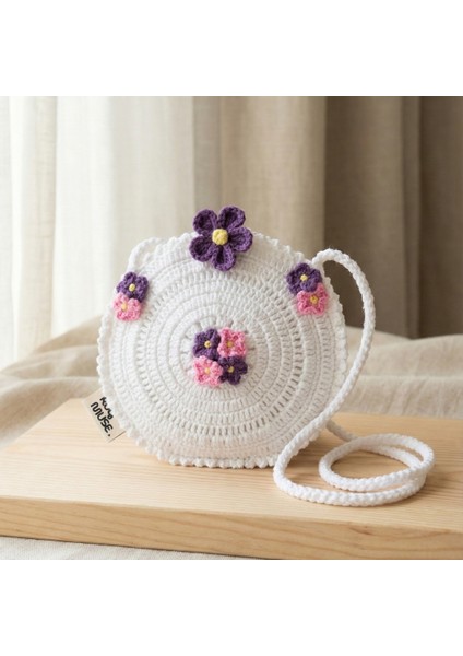 El Örgüsü Kız Çocuk Omuz Çantası - White Bouquet - Çiçekli Yuvarlak - Beyaz