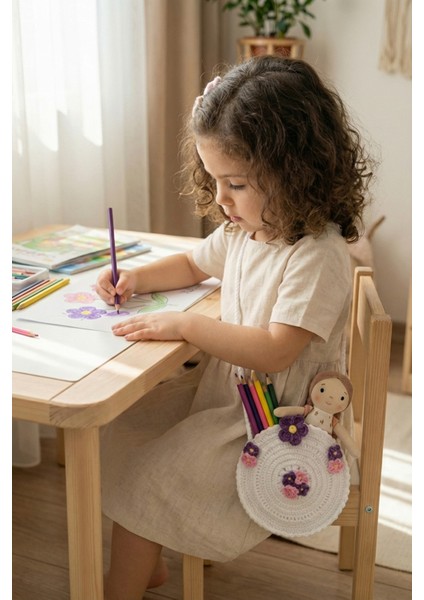 El Örgüsü Kız Çocuk Omuz Çantası - White Bouquet - Çiçekli Yuvarlak - Beyaz modelleri