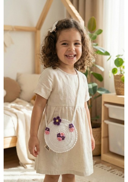 El Örgüsü Kız Çocuk Omuz Çantası - White Bouquet - Çiçekli Yuvarlak - Beyaz fırsatları