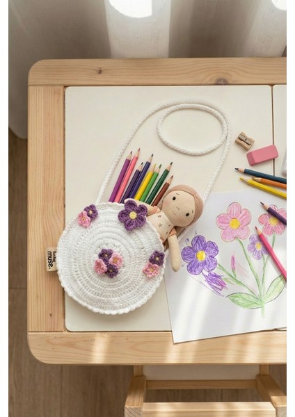 El Örgüsü Kız Çocuk Omuz Çantası - White Bouquet - Çiçekli Yuvarlak - Beyaz indirimleri