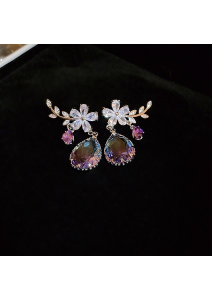 Gümüş Iğne Retro Mor Çiçekler ile Elmas Portre Püskül Küpe (Yurt Dışından)