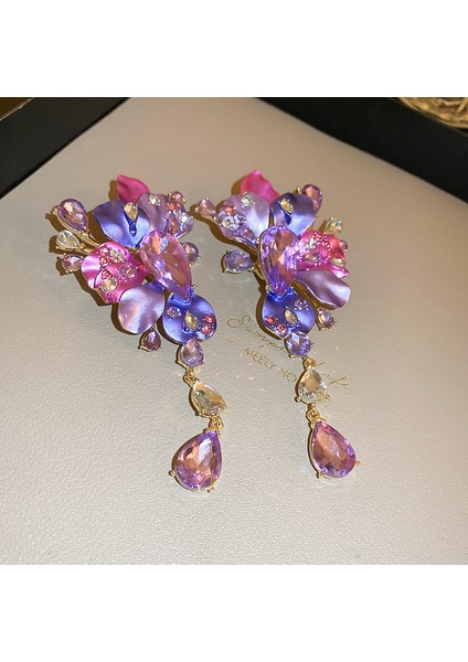 Gümüş Iğne Retro Mor Çiçekler ile Elmas Portre Püskül Küpe (Yurt Dışından)